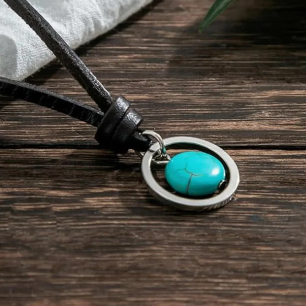 Boho Vintage Turquoise Pendant Choker, Bohemian, Leather Necklace